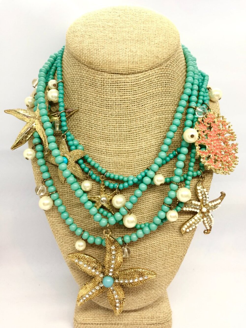 BEACH CHARM NECKLACE Starfish Coral Multi Strand Turquoise Bead